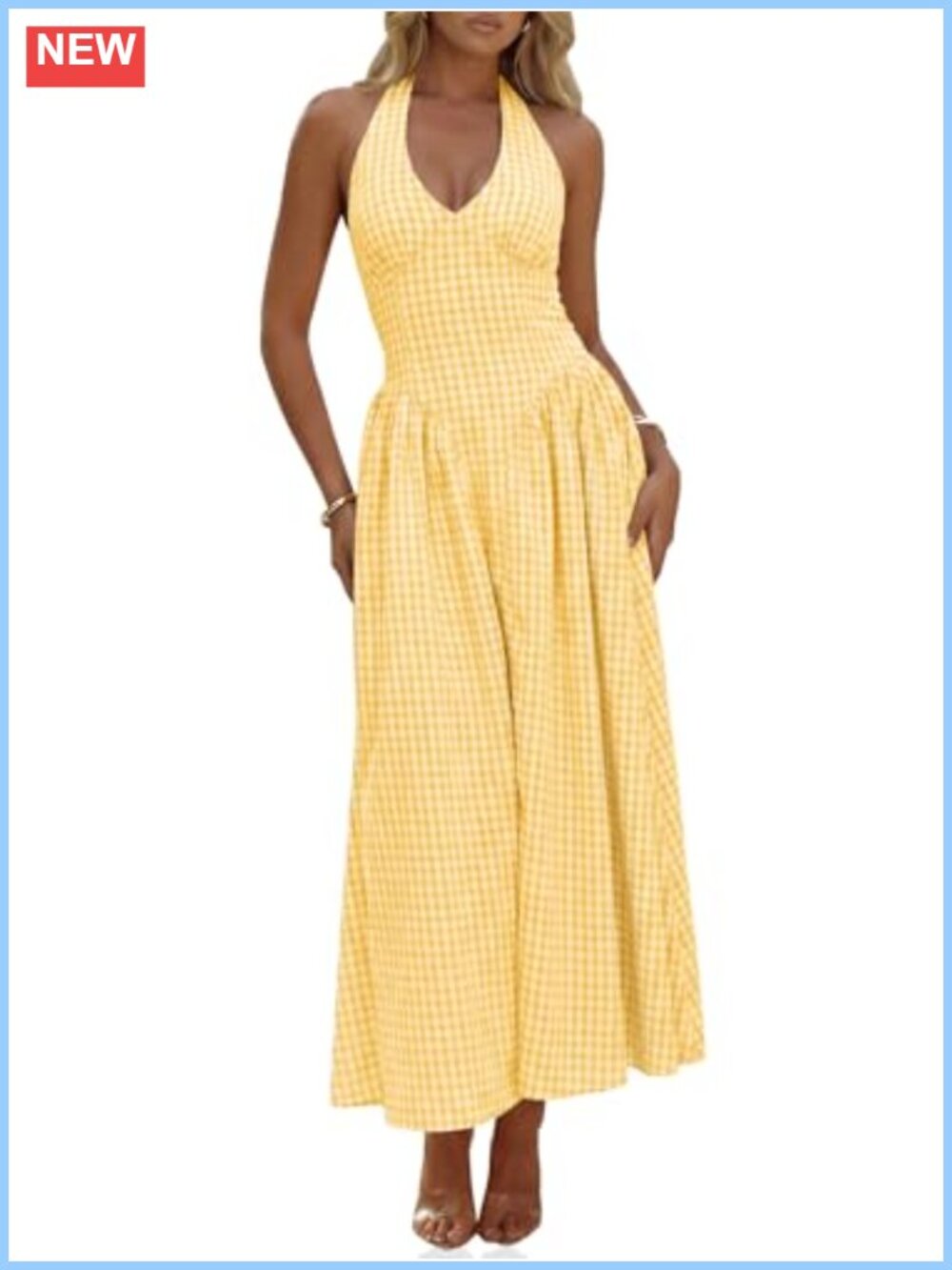 Womens Halter V Neck Corset Plaid Maxi Dress Smocked Backless A-Line